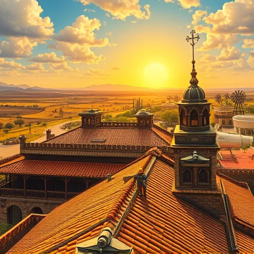 A detailed Renaissance-style scene depicting commercial roofing in Somerset, Texas. In the foreground, an ornate medieval rooftop with stone and terracotta tiles, decorative wooden beams, and shimmering copper accents glows under a warm sunrise. A grand building with intricate carvings, gargoyle keystones, and a majestic roof is set against rolling hills and open plains featuring Texas landscape elements like cacti, mesquite trees, and distant mesas. Tiny Renaissance-inspired construction workers in colorful robes and plumed helmets inspect a miniature roof with curious and proud expressions. Soft clouds drift across a vibrant blue sky, painted with delicate brushstrokes, alongside warm earthy tones such as ochre, terracotta, deep greens, and muted blues. The background showcases rugged mountains, expansive ranches, and windmills rendered with detailed cross-hatching and chiaroscuro to create depth. Decorative motifs like fleur-de-lis and scrollwork frame the scene, blending Renaissance grandeur with Texan charm, celebrating craftsmanship, resilience, and regional beauty in a harmonious and timeless depiction of commercial roofing artistry.