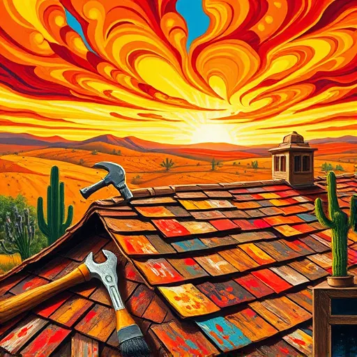A vibrant neo-expressionist illustration depicting residential roof repair in Medina, Texas. The scene shows a rustic Texas home with a partially stripped, textured roof revealing shingles and wooden beams. Energetic, swirling brushstrokes emphasize movement and urgency in the repair process. Scattered tools such as a hammer, wrench, and paintbrushes are artistically exaggerated, adding quirky character. The background features rolling hills and a dramatic sky filled with swirling clouds in warm sunset tones of orange, red, and yellow, reflecting the Texas landscape. Bright blue accents highlight tarps, while metallic highlights depict nails and screws. Bold strokes of cacti and native flora frame the scene, enhancing the Texan atmosphere. The composition captures the industrious spirit, rustic charm, and natural beauty of Medina through lively, expressive artwork that conveys resilience, craftsmanship, and community pride.