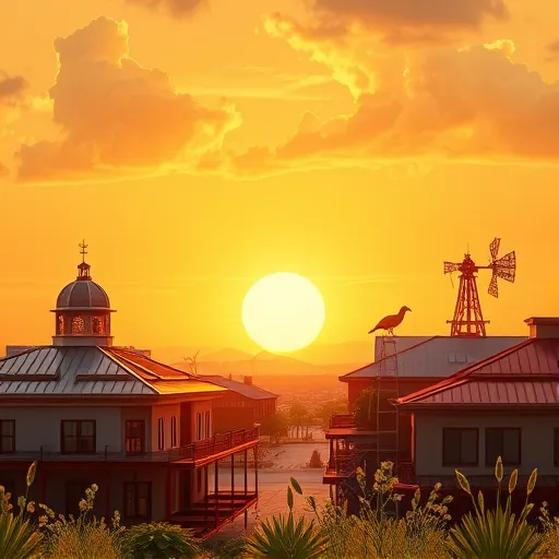 A detailed scene of commercial roofing in Lytle, Texas, during a warm golden sunset. The image features stylized, intricately detailed buildings with various roofing materials—metal, tiles, membranes—shown with reflections and textures in a high Renaissance style. In the foreground, a classic ornate scaffold decorated with small wind vanes and rooftop gardens full of miniature cacti and wildflowers adds a playful touch. Surrounding the scene are lush Texas grasses and greenery, with a whimsical roadrunner perched atop the scaffold and a windmill in the background. The sky showcases dramatic, Renaissance-inspired clouds blending into the sunset’s amber glow, with rich reds, golds, and earth tones balanced by cooler blues and greens. The scene highlights craftsmanship, artistry, and local charm, capturing the blend of tradition and personality in commercial roofing in Lytle, Texas.