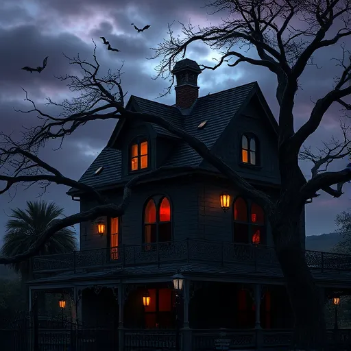 A Gothic-inspired scene of a residential roof replacement in Universal City, Texas, featuring a Victorian-style house with dark timber framing and pointed arch windows under a moody sky of deep purples, midnight blues, and subtle crimson accents. The house appears weathered, with dark shingles scattered across the roof during mid-repair, surrounded by intricate wrought-iron scaffolding decorated with gothic motifs such as twisted finials and crescent moon embellishments. An ancient gnarled tree with sprawling, exaggerated branches and glowing, luminescent patches resembling enchanted eyes stands prominently in the foreground, silhouetted against the stormy sky. Quirky lanterns hanging from the scaffolding cast flickering warm amber light, contrasting with the cool, dark atmosphere. Wrought-iron fences with ornate twisting designs and Victorian-style lamp posts emitting faint spectral glows add to the mysterious ambiance. In the background, subtly visible Texas landscape elements include distant cypress trees and rolling hills shrouded in mist, blending Gothic grandeur with a whimsical Texas charm. The scene combines gothic elegance, supernatural touches, and a surreal cityscape, creating a captivating, timeless visual perfect for an artistic blog cover depicting an eerie, fantastical roof repair scene.