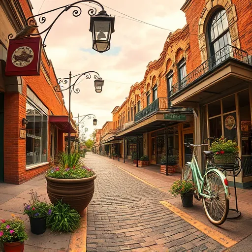 A panoramic scene of Converse, Texas, showcasing charming vintage storefronts, brick alleyways, and cobblestone gutters with ornate iron grates. The scene is bathed in warm, golden sunlight, highlighting lush wildflowers, greenery spilling over edges, and potted plants in patterned ceramic pots beneath rustic lanterns. Historic facades with decorative motifs and stained-glass windows add old-world charm. Playful details include a squirrel on a lamppost and a vintage bicycle against a wall. The pastel-hued sky with pinks and blues creates a serene atmosphere. The overall composition features intricate ornamentation, delicate patterns, and a harmonious palette of earthy tones, vibrant accents, and soft pastels, inspired by Pre-Raphaelite artistic style, capturing the quaint and whimsical character of this small Texas town.