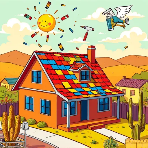 A colorful PopArt-inspired illustration of a residential roof replacement in Medina, Texas. The image features a stylized house with bold, exaggerated lines and vibrant, contrasting colors such as red, blue, and yellow. The roof is shown mid-repair, with cartoonish shingles scattering playfully through the air like confetti. The background depicts a charming Texas landscape with simplified, stylized cacti and rolling hills, emphasizing regional character. Oversized, quirky tools like giant paintbrushes, hammers, and cartoon nail guns animate the scene with lively energy. Whimsical details include a smiling sun peeking through fluffy clouds and a cartoon flying toolbox with wings, adding playful charm. The scene captures a sunny Texas day outdoors with vibrant desert flora and a friendly neighborhood atmosphere, all rendered in flat, bold color layers characteristic of PopArt style, conveying a lively, approachable home improvement project.