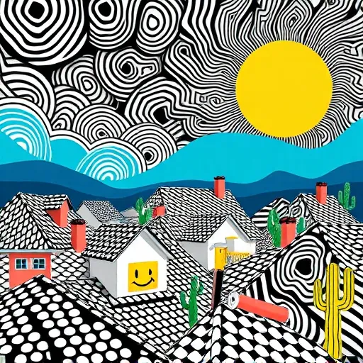 A vibrant OpArt-inspired scene illustrating residential roof repair in Blanco, Texas, featuring a hypnotic pattern of black and white swirling geometric shapes mimicking roof shingles and tiles. Foreground elements include stylized rooftops with exaggerated angles, bold lines, and whimsical, cartoon-style tools like smiling, oversized hammers and cheerful paint rollers. Hidden within the patterns are local references, such as a silhouette of the Blanco River with flowing curves and stylized cactus forms with geometric spikes. The abstract background depicts a dynamic sky with concentric circles and radiating lines in a lively color palette of turquoise, deep indigo, soft coral, and sunny yellow, conveying energy, warmth, and professionalism. The overall image exudes an upbeat, quirky mood, blending intricate OpArt visuals with playful details to portray roofing expertise and community spirit.