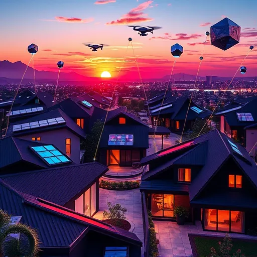 A futuristic cityscape in Castle Hills, Texas, featuring innovative residential roofing designs with angular, aerodynamic roofs integrated with solar panels and glowing semi-transparent energy conduits. The roofs display dynamic holographic patterns that shift gently in the breeze, emphasizing advanced craftsmanship. Surrounding the modern homes are metallic-leaved, stylized trees reflecting luminous city lights, blending nature with technology. In the background, a colorful sunset with streaks of neon enhances the scene's vibrant, optimistic atmosphere. Floating drone service stations hover near rooftops, while whimsical geometric shapes interact subtly with the environment. The neighborhood includes winding transparent pathways and floating platforms, illustrating a utopian vision of future living. The overall scene employs bold lines, sleek curves, and luminous accents in deep purples, electric blues, vibrant oranges, and metallic silvers, embodying a forward-looking, innovative approach to residential roofing in Castle Hills.