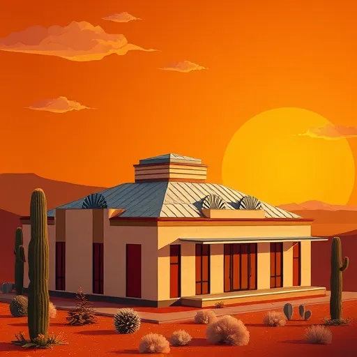 A stylized Art Deco-inspired illustration of a commercial building in Kendalia, Texas, showcasing diverse roofing materials—metal panels, clay tiles, and flat tar-and-gravel sections—with geometric patterns and decorative motifs. The building features symmetrical shapes, fan-shaped sunbursts, zigzag accents, and metallic shimmer details, emphasizing durability and craftsmanship. Surrounding the structure are angular cacti and sagebrush, reflecting the Texas landscape. The background depicts a warm desert sunset with terracotta, amber, and dusky blue tones, casting a golden glow. Geometric clouds drift overhead, complementing the polished yet inviting aesthetic that blends modern roofing expertise with vintage charm, ideal for highlighting commercial roofing in Kendalia, Texas.