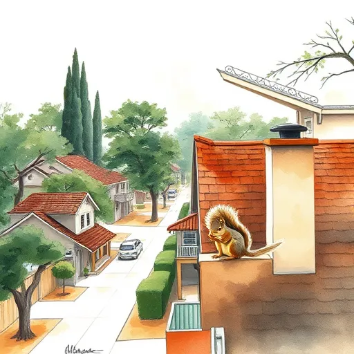 A traditional Chinese brush painting illustrating a peaceful residential neighborhood in Alamo Heights, Texas, featuring roof replacement on charming houses with curved rooftops. The rooftops are detailed with fresh shingles depicted in delicate ink strokes and warm earth tones such as terracotta, ochre, and charcoal. Playful swirls and gentle brush strokes convey a breezy Texan day. Tall cypress and yaupon holly trees sway around the homes, their deep green leaves contrasting with sandy yard and sidewalk tones. A whimsical squirrel perches on a chimney, adding a playful element. The background shows a calming Texas sky in muted turquoise and soft peach washes, with sunlight filtering through the trees, highlighting the roof work while maintaining an artistic, tranquil atmosphere. The image combines traditional Chinese brush techniques with inviting colors, capturing the neighborhood’s craftsmanship and friendly vibe.