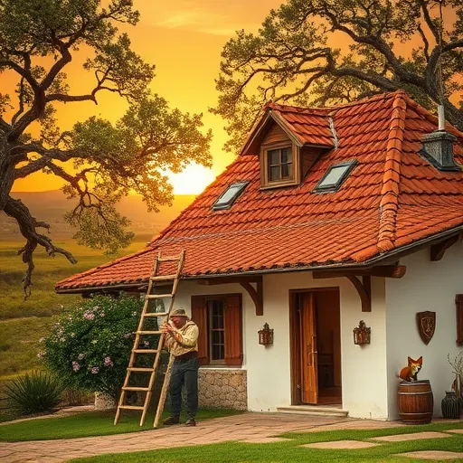 A detailed Renaissance-style scene of a charming rural house in Fischer, Texas, showcasing a traditional roof repair. The rustic home features textured terracotta roof tiles, weathered wooden beams, and whitewashed walls with decorative motifs. An artisan dressed in period-appropriate attire carefully replaces a roof tile using a wooden tool, highlighting craftsmanship and precision. A ladder leans against the house, and a barrel of tools with gilded accents sits nearby, emphasizing care and skill. The scene is set at dawn with a warm amber sky casting golden highlights over the lush Texas Hill Country landscape, including twisted old oak trees with detailed leaves. A curious fox wearing a tiny hat peeks from behind flowering shrubs, and whimsical details like a miniature ornate shield on the wall or an elaborately plumaged bird perched on the roof add personality. Warm earthy tones—ochres, greens, siennas, and creams—create an inviting atmosphere that blends craftsmanship, community, and rustic charm, all rendered with Renaissance artistry emphasizing texture, light, and timeless tradition.