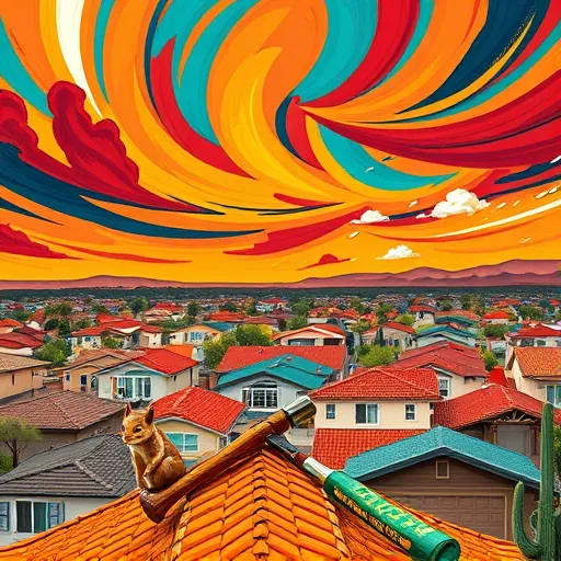 A vibrant Neo-Expressionism scene illustrating residential roof repair in Natalia, Texas. The image features a sprawling suburban neighborhood with colorful rooftops—turquoise, burnt orange, and forest green—set against warm earth tones and exaggerated, abstracted shingles that seem to ripple with movement. The sky is swirling with bold, energetic brushstrokes of crimson, ochre, and deep indigo, conveying urgency and craftsmanship, with swirling clouds hinting at rain and weather challenges. Prominently in the foreground are whimsical, oversized tools such as a cartoonish hammer and toolbox with lively colors, adding playful character. Quirky details include a mischievous squirrel wearing a tiny hard hat scurrying along a roof ridge. In the background, stylized, angular cacti and mesquite trees with vigorous lines evoke movement and vitality, emphasizing the lively, resilient community spirit. The overall mood celebrates craftsmanship, resilience, and hope, blending warm and cool tones to reflect the intense Texas sun and renewal through roof repair, all in a raw, emotive Neo-Expressionist style.