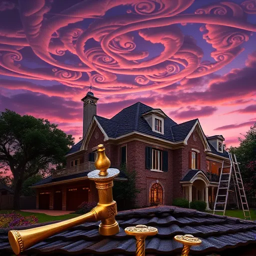 A luxurious Baroque-inspired scene showcasing residential roofing services in Somerset, Texas. The image features an elegant house with an ornate, gilded roof adorned with swirling patterns and intricate detailing that highlight craftsmanship and artistry. Surrounding the home are lush Texas landscape elements, including sprawling oak trees, wildflowers, and native foliage, adding warmth and local charm. The sky above is painted in rich, moody twilight hues of deep purple, warm gold, and soft amber, creating a sense of calm professionalism with opulent undertones. In the foreground, stylized tools such as a gilded hammer and decorative roofing nails with miniature crowns and flourishes rest beside a partially repaired roof, emphasizing craftsmanship with playful, whimsical details. An artistically rendered swirling sky with flowing motifs guides the eye upward, reflecting the artistry behind roofing work. Additional subtle details include a vintage wrought-iron ladder leaning against the house and ornate roofing tiles with intricate patterns, emphasizing quality and elegance. The overall mood blends sophistication with inviting Texas charm, portraying roofing as both a skilled craft and an artistic expression.