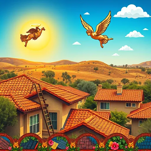 A colorful Byzantine-style mosaic illustration of residential roofing services in Helotes, Texas. The scene depicts a charming suburban neighborhood with terracotta rooftops featuring intricate Byzantine patterns in gold, deep blues, and reds, reflecting craftsmanship and artistry. A ladder leans against a house, beside a traditional tool bucket filled with stylized trowels and hammers, highlighting meticulous roofing work. Decorative borders showcase detailed shingles and roofing materials, while flourishing vine and floral motifs intertwine around the houses, adding whimsy. Subtle white clouds drift across a bright blue sky, creating a calm atmosphere. Byzantine-inspired angels or guardians with halos hover protectively over the neighborhood, symbolizing safety and quality. In the background, mosaic-rendered rolling hills and mesquite trees frame the scene, emphasizing a sense of place. The overall composition exudes warmth, trustworthiness, and a celebration of Helotes' residential roofing expertise through rich Byzantine artistic elements.