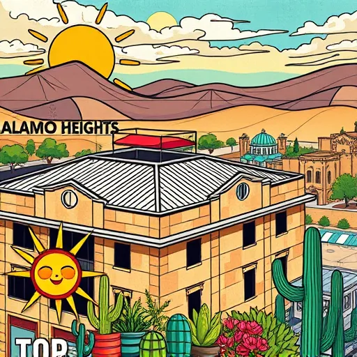 A vibrant mural-style illustration depicting an expansive, elegant commercial roofing system on a classic Texan building. The scene features bold, sweeping lines highlighting the strength and durability of various roofs, including shimmering metal panels, traditional shingles, and modern green roofs full of lush plants. Abstract geometric patterns inspired by Mexican Muralism add layered depth and dynamic movement. In the foreground, a cheerful cartoon sun with sunglasses peeks over the building, casting warm light, while stylized cacti and local flora enhance Texas’s landscape. The background showcases a desertscape with rolling hills and intricate, ornate architecture reminiscent of Alamo Heights, rendered in vibrant earth tones with accents of turquoise, coral, and yellow. The overall composition combines professional craftsmanship with a lively, approachable vibe, emphasizing community pride, resilience, and innovation through bold outlines, rich colors, and symbolic motifs.