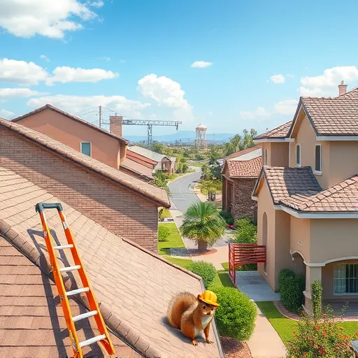 A highly detailed, hyper-realistic depiction of a charming residential neighborhood in Castle Hills, Texas, highlighting expertly maintained roofs of various architectural styles, including modern flat roofs, traditional shingle roofs, and stylish tile designs. The scene captures a sunny Texas afternoon with clear blue skies and soft, diffused sunlight casting gentle shadows across lush green lawns and blooming desert flowers. In the foreground, a colorful ladder leans against a roof, accompanied by work gloves and a cheerful cartoonish screwdriver, adding a playful touch. A small Texas-shaped flag flutters nearby, symbolizing local pride. The background features a welcoming suburban street lined with palm trees and native cacti, along with a distinctive castle-shaped house or iconic water tower, emphasizing Castle Hills' unique character. A curious squirrel wearing a tiny hard hat peeks from behind a rooftop vent, humorously illustrating diligent craftsmanship. The scene's warm earthy tones—browns, tans, greens, and blues—evoke reliability and comfort, conveying trustworthy roofing services in an inviting, professional atmosphere rich in texture detail, perfect for representing local roofing expertise on a blog cover.