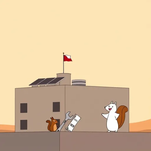 A sleek, minimalist illustration of a modern commercial building with a sharply outlined flat roof set against a soft-hued Texas sky at dawn. The building features stylized geometric solar panels on the roof and gleaming HVAC units, symbolizing efficiency and innovation. In the foreground, a simplified cartoon-like castle turret with a small fluttering flag represents Castle Hills, Texas. Nearby, a minimal black outline of a wrench and hammer lean against the building’s base, indicating craftsmanship and repair services. A tiny, smiling squirrel perched on the roof’s edge holding a miniature blueprints scroll adds a playful, charming detail. The background transitions smoothly from light tans to gentle blues, emphasizing a professional, calm tone. The overall composition uses clean lines and negative space, conveying expertise in commercial roofing solutions with a touch of personality, within a muted, earthy color palette of soft browns, blues, and greys.