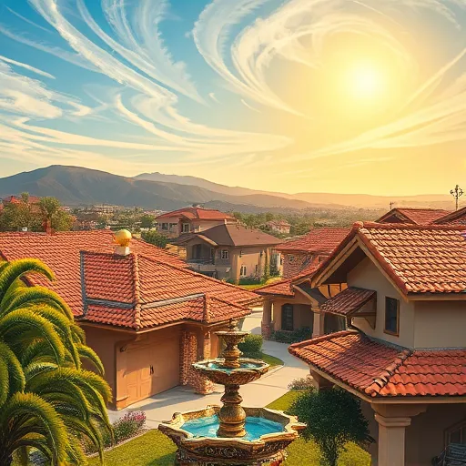 A vibrant Byzantine-style illustration of residential roofing in Helotes, Texas, featuring a suburban neighborhood with traditional Texas-style homes. The roofs are richly detailed with mosaic-like patterns, gold accents, terracotta tiles, shimmering shingles, and decorative cresting, all adorned with geometric motifs and halos that symbolize craftsmanship and durability. Surrounding the scene are stylized cypress and mesquite trees with elongated, ornate leaves and curling branches. The background showcases rolling hills under a vivid blue sky with swirling clouds, evoking a lively yet peaceful atmosphere. Playful touches include tiny crosses and star-shaped embellishments on rooftops, along with a small Byzantine-inspired fountain in the foreground symbolizing prosperity. The warm color palette of terracotta, gold, deep blue, and pastel accents creates an inviting, majestic mood, celebrating the artistry, resilience, and cultural richness of Texas residential roofing through intricate architectural and natural details.