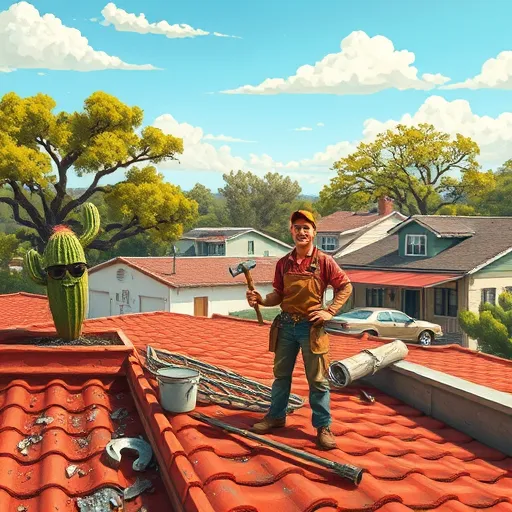 A vibrant residential roof repair scene in Alamo Heights, Texas, depicted in a SocialRealism style with warm, earthy tones. The foreground shows a friendly, slightly quirky handyman wearing a work apron and holding a hammer, standing confidently on a classic Texas-style roof with red clay tiles, some of which are mid-repair with scattered tools like a wrench and a bucket nearby. An exaggerated cactus wearing sunglasses sits beside a ladder, adding personality and charm. To the side, a vintage pickup truck painted with colorful geometric patterns is parked under a bright sunny sky. In the background, mid-century modern homes nestled among lush, textured live oak trees showcase distinctive architecture. The scene highlights textures such as peeling paint and weathered shingles, capturing the honest effort and resilience of home repair. Stylized clouds float above, creating a calm, inviting atmosphere that celebrates craftsmanship, community, and small-town Texas character.