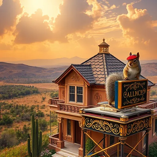 A luxurious Baroque-style scene of a residential roof replacement in Kendalia, Texas, showcasing an ornate Texas-style home with a decorative, swirling roof adorned with gold-accented shingles and exposed wooden rafters. Elegant gilded scaffolding with flowing patterns and cherub motifs surrounds the structure, blending intricate craftsmanship with rural charm. The backdrop features a sunny Texan landscape with rolling hills, lush foliage, and regional desert plants such as cacti, yuccas, and wildflowers. Playful details include a whimsical squirrel wearing a tiny painter's beret peering over the roof edge and a vintage, intricately engraved toolbox at the construction site. The dramatic sky above displays warm amber and soft lavender hues, casting an elegant glow over the scene. The composition emphasizes rich textures, spiraling motifs, and elaborate ornamentation in warm golds, deep browns, and subtle turquoise accents, highlighting the artistry, regional warmth, and playful charm involved in the roof replacement process.