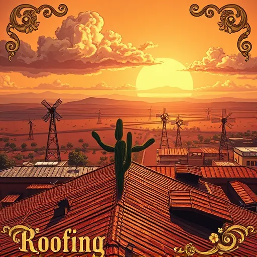 A detailed Baroque-style illustration depicting commercial roofing in Elmendorf, Texas, featuring an ornate, elaborate roof structure with intricate detailing, textured shingles, and metallic accents reflecting a warm golden sunset. The scene includes a panoramic view of a sprawling industrial roof adorned with lavish ornamentation and architectural flourishes reminiscent of 17th-century grandeur. In the foreground, stylized cowboy cacti stand proudly atop the roof, adding playful Texan charm. The background showcases a lush landscape with windmills, mesquite trees, dramatic swirling clouds, and a rich color palette of warm amber, deep burgundy, and gilded gold, highlighting craftsmanship, regional character, and the opulence of Baroque art.