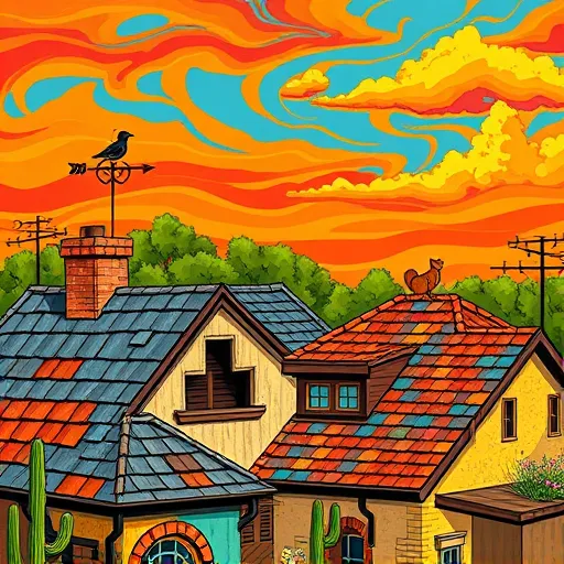 A vibrant, expressive ArtBrut-style illustration of residential roofing in Converse, Texas, depicting a lively neighborhood scene. The image features exaggerated geometric rooftops with layered textures and weathered, rugged appearances, including playful zig-zag shingles and colorful mismatched tiles that reflect local character. Tiny, stylized birds perch atop chimneys, adding whimsy, while exaggerated cacti and wildflowers with bold outlines grow in the yards, symbolizing the Texas landscape. The background shows a sky painted with energetic swirling strokes in warm oranges, fiery reds, and sunny yellows, conveying warmth and community spirit. Simplified, jagged trees frame the scene, enhancing a rustic, rustic atmosphere. Thick black outlines and a contrasting palette of bright blues, fiery reds, sunny yellows, and earthy browns create a lively, bold composition. Quirky details such as a spinning weather vane, a humorous squirrel peeking from a gutter, and exaggerated cloud formations add personality and charm, capturing the essence of local craftsmanship and community in a raw, spirited ArtBrut style.