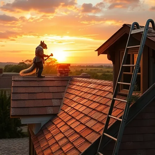 A high Renaissance-style blog cover image depicting residential roof repair in Somerset, Texas, at dawn. The scene shows a charming Texas neighborhood with a textured, weathered roof partly lifted by an artisan in period-appropriate attire, inspecting the underlayment. A playful squirrel with tiny spectacles and a miniature hammer adds whimsy. An ornate wrought-iron ladder leans against the house, while a Renaissance-style carved carpenter’s toolbox sits nearby. A delicate vine along the roof symbolizes renewal, set against a background of lush Texas landscape with cypress trees and rolling countryside seen through an open window. The scene features rich, luminous colors—deep reds, earthy browns, regal blues—with soft chiaroscuro lighting, classical architectural details, and a serene, craftsmanship-focused mood emphasizing rural resilience, artistry, and community effort.