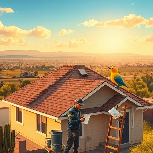 A realistic depiction of residential roof repair in Elmendorf, Texas, showing a single-story suburban house under a warm late afternoon sun with golden lighting. The sturdy, partly weathered roof has some shingles lifted to reveal the underlying structure, while a few new shingles are being carefully aligned. A friendly professional roofer dressed in durable workwear inspects the roof's crest, holding a tablet displaying schematics, illustrating modern craftsmanship. Nearby tools such as a crowbar, roofing nails, and a chalk line are arranged amidst playful details like mismatched buckets and a tiny cactus on the roof edge. A rustic wooden ladder with a cheerful ceramic bird at the top leans against the house. The background features Texas landscape elements including mesquite trees, rolling hills, and a clear blue sky with fluffy clouds, creating a serene scene that emphasizes home improvement, craftsmanship, and trustworthy service in Elmendorf.