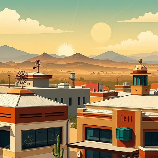 An Art Deco-inspired illustration of commercial roofing in Pipe Creek, Texas, featuring sleek, geometric lines and bold stylized shapes. The scene depicts modern commercial buildings with flat, angular roofs set against rolling Texas foothills. Playful sunbursts reflect off metallic rooftops, complemented by whimsical details such as a cowboy hat-shaped weather vane, a cheerful windmill, and smiling miniature cacti atop buildings. The background showcases a warm gold and deep blue gradient sky with soft, geometric clouds, evoking a sunny Texas afternoon. The color palette includes rich bronze, muted golds, deep teal, and crisp cream, emphasizing the glamorous yet grounded Art Deco aesthetic. Architectural elements are decorated with repetitive patterns, ornate borders, stylized street lamps, and vintage signage, highlighting the region’s character and modern roofing craftsmanship. The scene exudes sophistication, creativity, and reliability with a playful edge, perfect for a blog cover on commercial roofing.