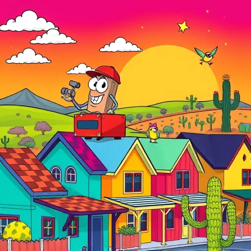 A vibrant PopArt-inspired illustration of a lively residential neighborhood in Castle Hills, Texas, highlighting roof repair. Cartoon-like houses with exaggerated, colorful roofs in bright crimson, electric blue, and sunny yellow feature playful patterns such as checkerboards, zigzags, and polka dots. An anthropomorphic toolbox with googly eyes and a big grin perches on one roof, holding a tiny hammer, adding humor and personality. Cheeky clouds with faces and cheerful birds with exaggerated features fly across the sky, inspecting the scene. The background showcases stylized Texas landscape elements like rolling hills, cacti wearing sunglasses, and colorful saguaro cacti with decorative spikes, emphasizing local flavor with a fun twist. The scene uses bold, contrasting colors like teal, magenta, and lime green, creating an energetic and optimistic mood. The sky transitions from sunset orange near the horizon to starry purple at the top, enhancing the playful atmosphere. No human figures are present, but the scene is filled with exaggerated characters, humorous details, and bold shapes, making it eye-catching and ideal for a blog cover about residential roof repair in a vibrant Texas neighborhood.
