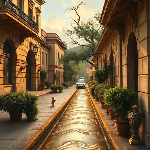 A detailed Renaissance-style painting depicting the gutters of Alamo Heights, Texas, transforming an ordinary urban street into a whimsical, mythical landscape. The scene features a quiet street lined with elegant, classical architecture—including ornate stone buildings with intricate carvings, arched windows, and decorative cornices—bathed in warm, golden daylight typical of the Renaissance era. The gutters are exaggerated and almost alive, crafted from shimmering bronze with iridescent surfaces, swirling in intricate baroque patterns. Playful details include tiny stylized cherubs perched atop the gutters, mischievously peering down or splashing water with miniature objects like quills and scrolls. Lush greenery—climbing vines, flowering plants, and majestic, old trees—frames the scene, with delicate shadows adding depth and a sense of calm nostalgia. The softly illuminated sky, featuring gentle clouds, suggests late afternoon and casts a warm, inviting glow over the scene. The color palette consists of rich earth tones—deep ochres, warm browns, and muted golds—accented with touches of emerald green and soft sky blue, creating a harmonious and enchanting atmosphere. Overall, this charming painting elevates the everyday gutters of Alamo Heights into a whimsical, enchanted world, blending historic Renaissance aesthetics with a playful, imaginative twist perfect for captivating viewers.