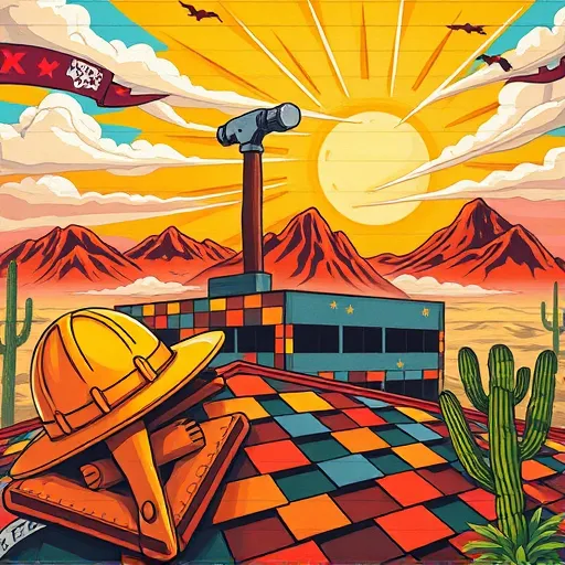A vibrant Mexican Muralism-style scene celebrating commercial roofing in Converse, Texas. In the foreground, oversized, intricately patterned tools such as hard hats, hammers, and roofing shingles symbolize craftsmanship, decorated with traditional Mexican motifs and Texas symbols like longhorns and cacti. A large, stylized commercial building with a freshly completed roof is featured in the middle ground, with dynamic geometric patterns and swirling lines conveying movement and skill. A cheerful cartoon construction worker wearing a wide-brimmed hat and smiling gives a thumbs-up while balancing shingles on their head, adding personality and humor. The background depicts rugged Texas hills under a bright sun with rays, stylized clouds, and decorative elements like feathers, banners, and swirling wind patterns that reflect cultural richness. The scene uses a warm earthy palette of terracotta reds, mustard yellows, deep blues, and vibrant greens, creating a lively, energetic atmosphere. Bold outlines and textured layers give the mural a storytelling quality that highlights community, craftsmanship, and the local roofing industry in Converse, Texas.