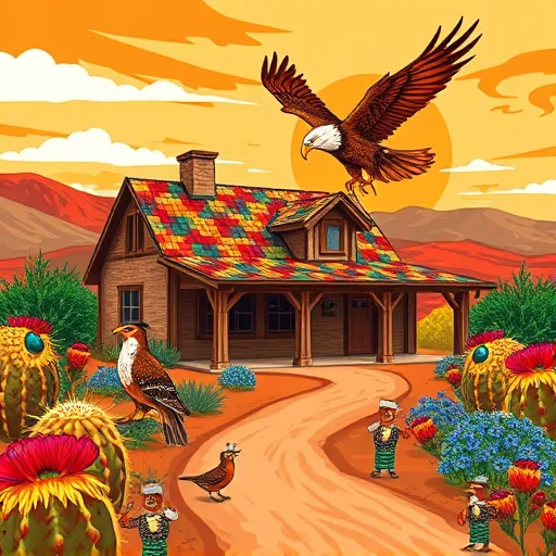 A vibrant, Native American art-style illustration depicting a residential roof replacement in Blanco, Texas. The scene features a rustic timber-framed house with a colorful, patterned roof adorned with Native motifs such as geometric shapes, zigzags, and spirals, giving a lively textured appearance. Surrounding the house are lush, stylized landscapes including rolling hills, prickly pear cacti, bluebonnets, and wildflowers, all rendered with bold lines and natural elements that emphasize harmony with nature. The warm, sunny sky is painted in orange, gold, and soft turquoise hues, evoking a peaceful Texas sunset. A stylized eagle with intricate feather patterns soars above, symbolizing wisdom, while whimsical roadrunners with tiny tools like hammers and paintbrushes highlight craftsmanship and local wildlife. Additional elements include a traditional adobe chimney, swirling clouds, and a winding dirt path inviting viewers into the scene. Earthy colors such as terracotta, ochre, sage green, and deep blue are contrasted with vibrant reds and yellows, creating a warm, welcoming atmosphere that blends cultural richness with playful charm.