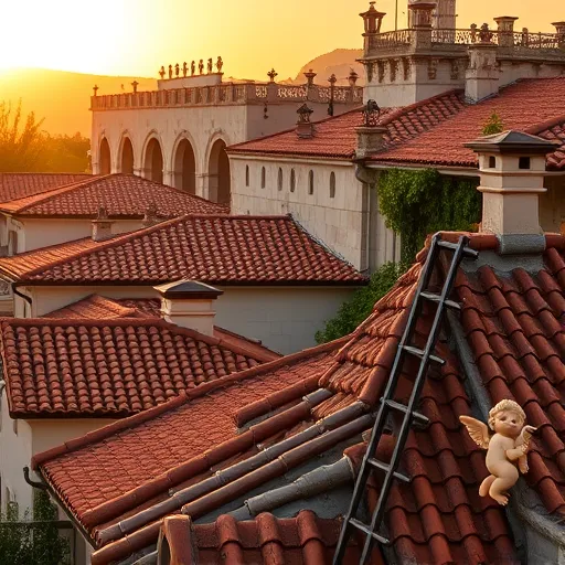 A stunning Renaissance-inspired scene showcasing a San Antonio neighborhood at sunset, featuring ornate tiled rooftops with intricate patterns, whimsical decorative elements like miniature wind vanes, colorful ceramic ornaments, and curling, sculpture-like chimneys. The background includes a weathered stone wall with porte-cochère arches and lush greenery spilling over, evoking timeless charm. In the foreground, a decorative ladder leaning against a roof highlights roofing maintenance, while playful cherub-like birds with tiny tools and a squirrel holding a miniature hammer add charming, quirky details. The scene is bathed in warm, golden sunlight, with a color palette of rich earth tones, soft terracotta, deep golds, muted greens, and blues, blending classical elegance with modern craftsmanship—ideal for conveying a message of quality, tradition, and artistic roofing in San Antonio.