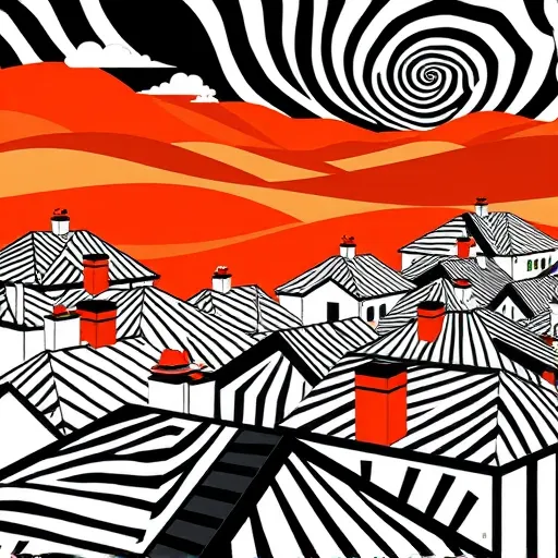 A vibrant OpArt-inspired illustration representing residential roof repair in Helotes, Texas. The scene features stylized rooftops with bold black-and-white geometric patterns, swirling lines, and hypnotic optical illusions, creating a sense of movement and visual intrigue. Small whimsical details include cowboy hats atop chimneys, exaggerated cacti with swirling spines along roof edges, and playful, oversized tools like hammers and paintbrushes integrated as abstract motifs symbolizing craftsmanship. The background showcases a stylized landscape of rolling hills in warm, earthy tones—burnt orange, terracotta, and sandy beige—combining with the optical patterns to add depth and local context. Light, swirling clouds above the rooftops enhance the dynamic atmosphere. The composition balances lively, creative energy with a professional tone, highlighting the artistry and problem-solving spirit of roof repair in Helotes, Texas, all conveyed through a colorful, hypnotic, and Southwestern-inspired OpArt design.