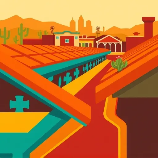 A vibrant abstract illustration of gutters in Lytle, Texas, showcasing geometric abstraction with bold intersecting shapes, overlapping rectangles, triangles, and curved forms that highlight the artistic and functional aspects of gutter design. The background features a simplified cityscape silhouette with stylized rooftops, along with Texas-inspired elements like a lone windmill and mesquite trees, adding regional context. Bright warm colors such as burnt orange, teal, mustard yellow, and deep crimson create an energetic and inviting atmosphere. Intricate geometric patterns within the gutters resemble puzzle pieces or circuitry, symbolizing creativity and utility. Playful details include a tiny cactus growing from a gutter corner and a stylized bird perched above, adding personality and humor. The composition balances sharp angles and smooth curves, capturing the lively spirit of Lytle, Texas, and celebrating the community’s unique character with a colorful, artistic twist.