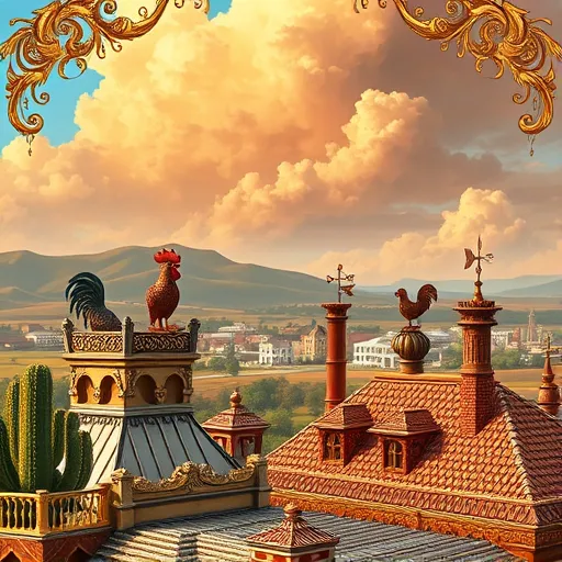 A detailed Baroque-style illustration showcasing the craftsmanship of commercial roofing in Johnson City, Texas. The scene features ornate rooftops with gilded metalwork, classical cornices, and decorative balustrades, highlighting craftsmanship and grandeur. Stylized, carved chimneys and vents blend historic architectural motifs with modern elements, emphasizing tradition and innovation. The roofs display diverse textured materials, including shimmering metal panels, rustic shingles, and vibrant tiles, rendered with rich brushstrokes. In the background, scenic hills and a quaint town skyline bathed in warm golden light reflect the Texan landscape. Playful details like tiny roosters, cacti, and weather vanes add charm. The dramatic sky features deep blues and fiery oranges, creating a vibrant atmosphere. The scene is framed by elaborate Baroque scrolls, foliate patterns, and gilded accents, conveying opulence and timeless craftsmanship. Warm color tones of gold, red, and earthy green evoke tradition, stability, and local warmth, making it ideal for a blog highlighting the artistry and character of commercial roofing in Johnson City, Texas.