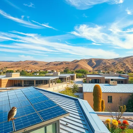 Photorealistic view of a commercial roofing scene in Fischer, Texas, featuring modern business buildings with sleek, reflective metal roofs and green roofs covered in lush vegetation. The scene includes a detailed close-up of a high-tech roofing installation with solar panels gleaming under a clear blue sky with wispy clouds. A tiny cartoonish barn owl is perched on the edge of a rooftop, adding a playful touch. Rolling Texas hills with wildflowers and cacti extend into the background, blending natural scenery with urban infrastructure. Wind-inspired lines subtly emphasize weather-resistant, durable roofing suitable for Texas storms and sun. Warm earthy tones such as sandy beiges, mossy greens, and rusty reds balance the cool metallic roofs and vibrant sky, creating an inviting and professional atmosphere that highlights innovation and reliability in commercial roofing.