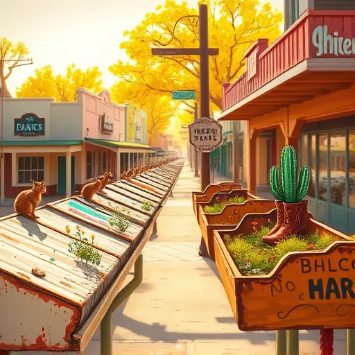 A vibrant digital painting of gutters in Blanco, Texas, depicting rustic, weathered gutters lining a sunny street. The gutters feature peeling paint, colorful graffiti, rust patches, and whimsical details like miniature ecosystems with wildflowers, moss, and tiny scenes such as farmer’s markets and cowboy boots. The background shows pastel-colored vintage storefronts, wooden signs, and a welcoming general store with a porch. Playful elements include a curious squirrel peeking from a gutter corner and a painted cactus inside one gutter, emphasizing Texan desert themes. Bright, golden sunlight bathes the scene, casting soft shadows. The color palette includes warm earth tones like terracotta, sandy browns, and sage greens, accented with vibrant turquoise, crimson, and sunflower yellow. The detailed, semi-realistic digital art style blends realism with whimsical charm, capturing Blanco’s laid-back, quirky spirit in an inviting and playful scene.