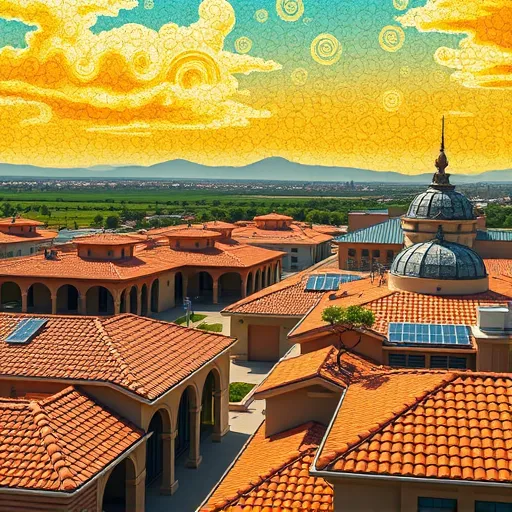 A vibrant blog cover image featuring a Byzantine-style depiction of Helotes, Texas, focused on commercial roofing. The scene shows a stylized urban district with various roof designs, including flat rooftops with ornamental tile patterns and clay tile roofs adorned with intricate geometric motifs, rendered in rich golds, deep blues, and warm terracotta tones. Architectural elements like elegant arches and domed structures evoke historic Byzantine influence, combined with modern whimsical details such as tiny rooftop gardens with playful plants and miniature wildlife sculptures. The sky is a luminous mosaic of gold and teal hues with swirling stylized clouds, creating a calm yet vibrant atmosphere. Background hills shaded in sage and lavender add depth, framing the cityscape and emphasizing Helotes’ Texan charm. Playful decorative touches include a small ornate cypress tree on a rooftop and clusters of honeycomb-shaped solar panels, symbolizing sustainability. The overall composition features elaborate textures and symmetrical patterns reminiscent of Byzantine mosaics, reflecting craftsmanship, heritage, and innovative commercial roofing solutions, with a focus on architectural artistry and modern ingenuity in Helotes.