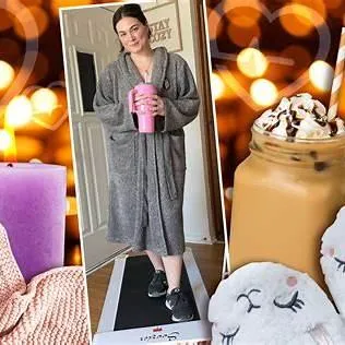 Woman in a robe walking on a treadmill with cozy decor, candles, and a frothy coffee drink.
