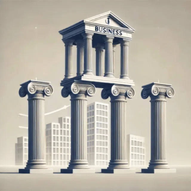 La imagen en el GIF muestra cuatro columnas clásicas que sostienen una estructura con la etiqueta "NEGOCIOS" en la parte superior, recordando la arquitectura griega o romana. Las columnas representan los pilares fundamentales que sustentan el concepto de los negocios. En el fondo, hay edificios modernos de una ciudad, simbolizando el entorno empresarial en el mundo contemporáneo. El tema general sugiere una metáfora de los principios fundamentales en los negocios o la economía.