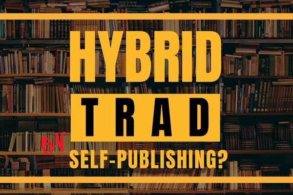 Hybrid, Trad, or Self-publishing against a bookshelf backdrop