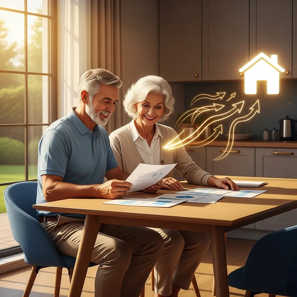 Digital illustration of a senior couple unlocking home equity through a reverse mortgage, symbolizing financial comfort and independence.