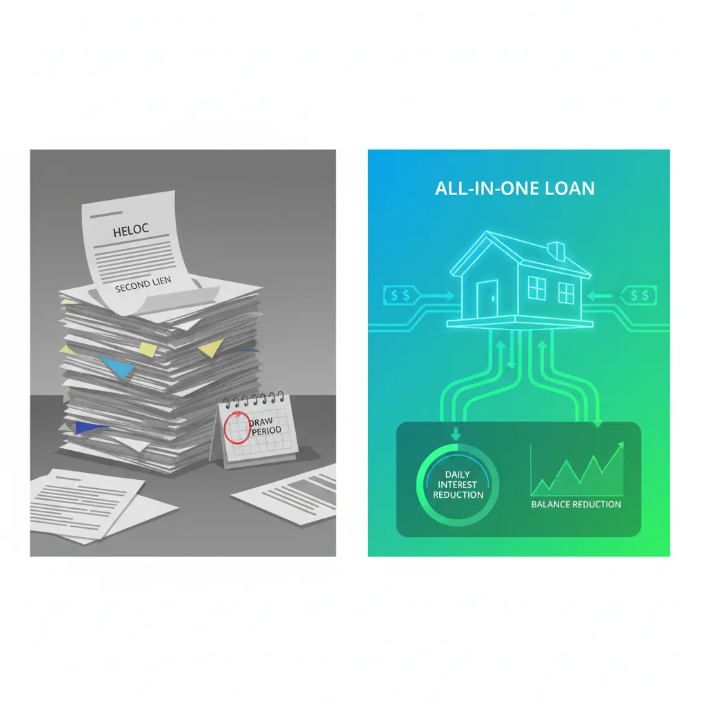  A digital illustration comparing two home loan types. On the left, a dull gray background shows a cluttered desk with a large stack of papers labeled "HELOC" and "SECOND LIEN," along with a calendar marked "DRAW PERIOD." On the right, a vibrant teal and green background displays a glowing, futuristic dashboard labeled "ALL-IN-ONE LOAN." This dashboard shows a house with arrows representing cash flowing into it, leading to a circular graphic labeled "DAILY INTEREST REDUCTION" and a line graph showing "BALANCE REDUCTION."