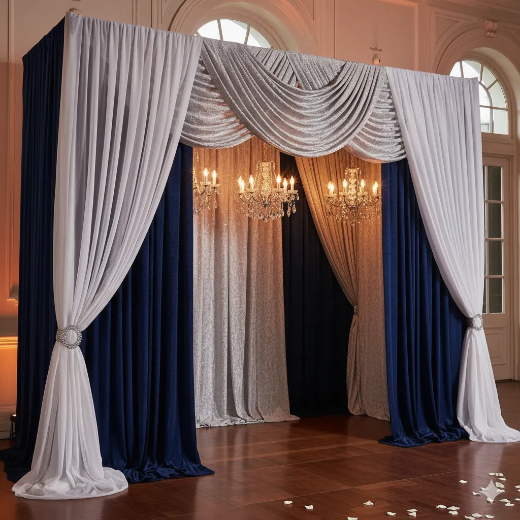 Luxury event backdrop showing layered fabric in three distinct zones: velvet base, textured mid-layer, and sheer top overlay in a styled setup