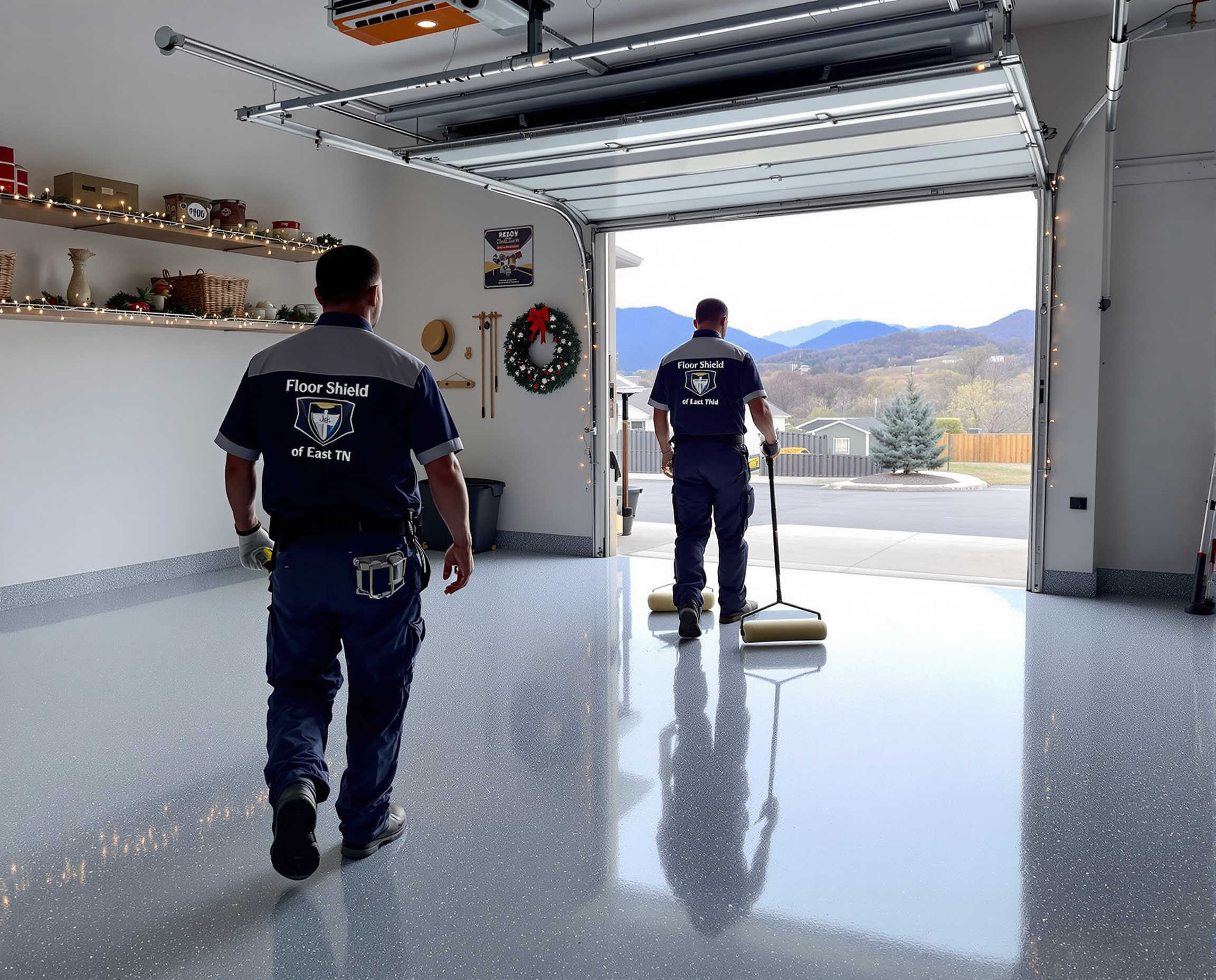 “Freshly coated polyaspartic garage floor with holiday decorations and a Floor Shield of East TN technician standing in the doorway.”
