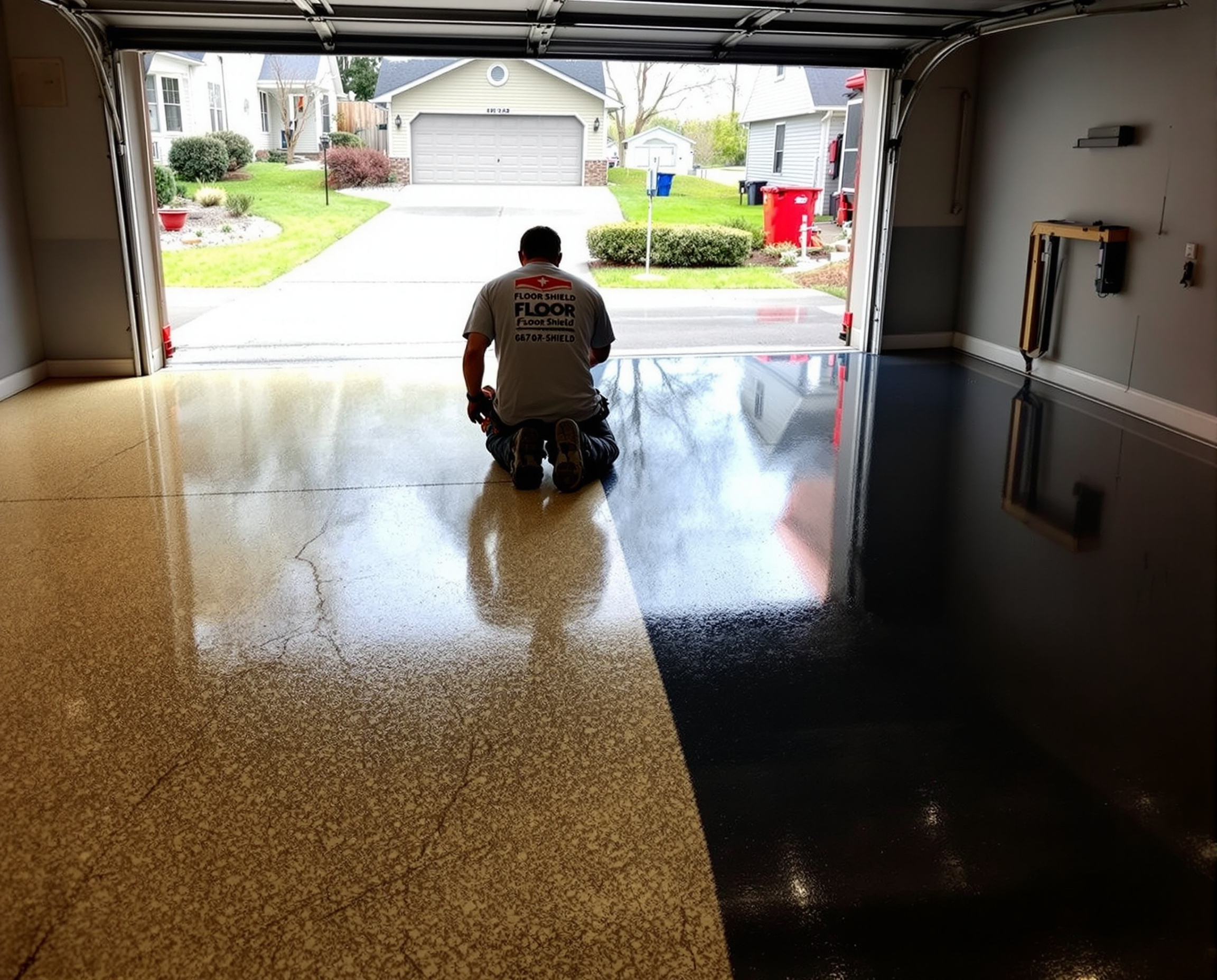 “Side-by-side comparison of damaged epoxy and a clean, glossy polyaspartic garage floor.”