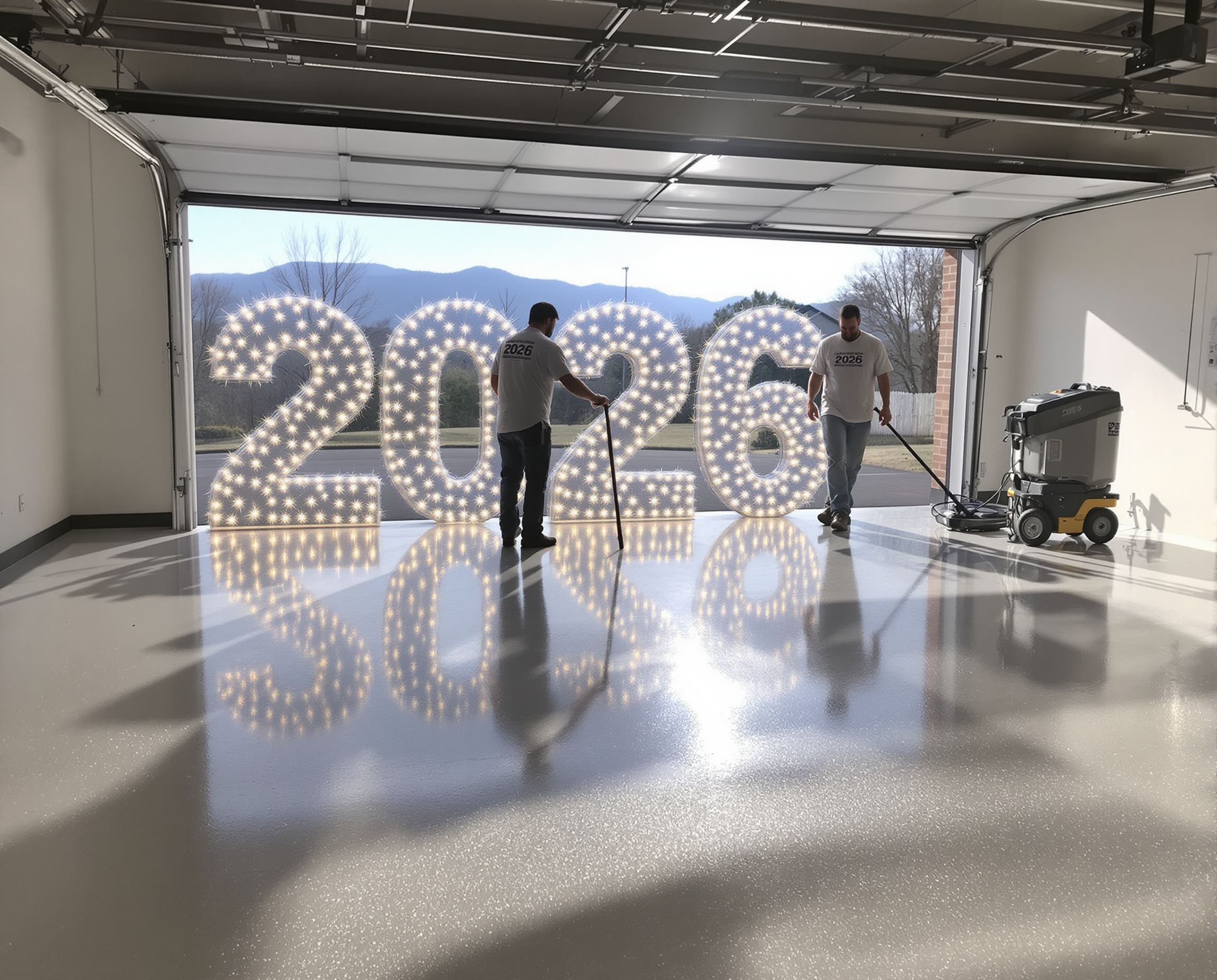 “Newly coated polyaspartic garage floor with subtle New Year decorations and a technician finishing the job.”