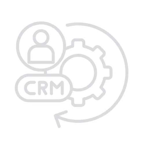 Icon of lead and client management with a CRM label, a user profile, and a gear symbolizing streamlined workflows for construction businesses.