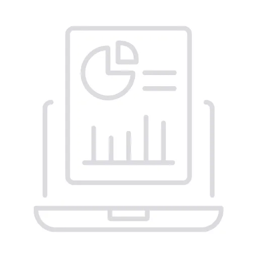 Icon of a laptop with a pie chart and bar graph on the screen, representing custom reporting dashboards for construction businesses.