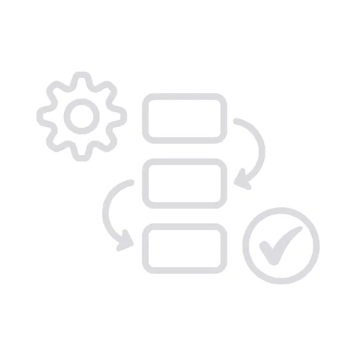 Icon depicting automated workflows with interconnected boxes, a gear symbol, and a checkmark, representing streamlined processes for construction businesses.