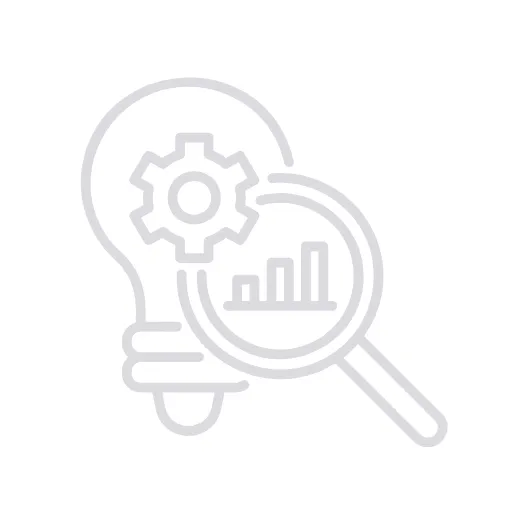 Icon featuring a lightbulb, gear, and magnifying glass over bar charts, symbolizing data-driven insights for construction businesses.