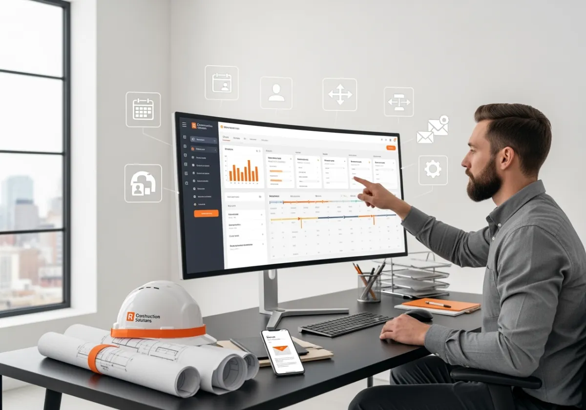 Contractor’s office with a construction professional using a digital CRM dashboard on a large screen, surrounded by blueprints, a hard hat, and a smartphone. Digital icons for calendar, contacts, workflow, and automation float around the workspace, representing CRM and automation in the construction industry. The scene features R. Construction Solutions’ brand colors: white, charcoal gray, and orange.